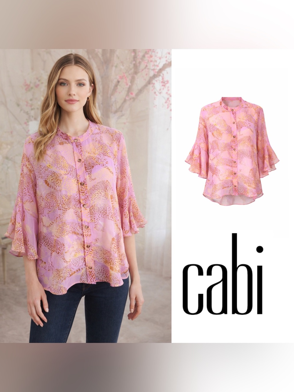 CAbi Pink Print flutter Sleeve Button Down